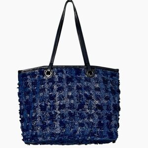 Daks Royal Blue Tote Metallic Textured Fabric Black Faux Leather Handles